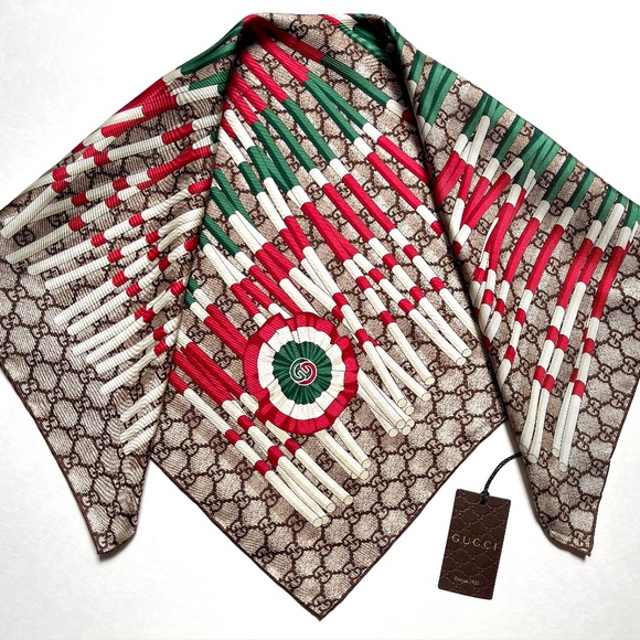 New Gucci Scarf Logo GG Print Club WEB Beige Silk Scarf Wrap - Picture 10 of 13
